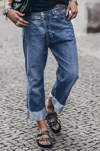 Women's Stretch Asymmetrical Fly Denim Jeans, Rolled Cuff Design, Comfortable Slim Fit Casual Pants 6