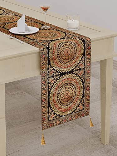 Image of Diwali Decor Brocade Jacquard Silk Table Runner Long Runner for Dinning & Centre Table Mandala Print 72 x 16 Inches (Black)