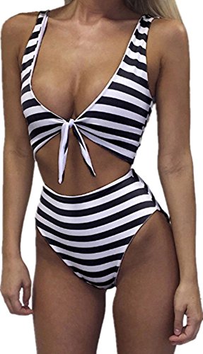 Inorin Women’s Sexy High Waist Black Stripe Printed One Piece Swimsuits Beach Wear