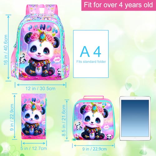 Image of 3Pcs Panda Backpack for Girls, 16 inch Kids School Backpacks with Lunch Box, Bookbag for Elementary Preschool Kindergarten(Pink)