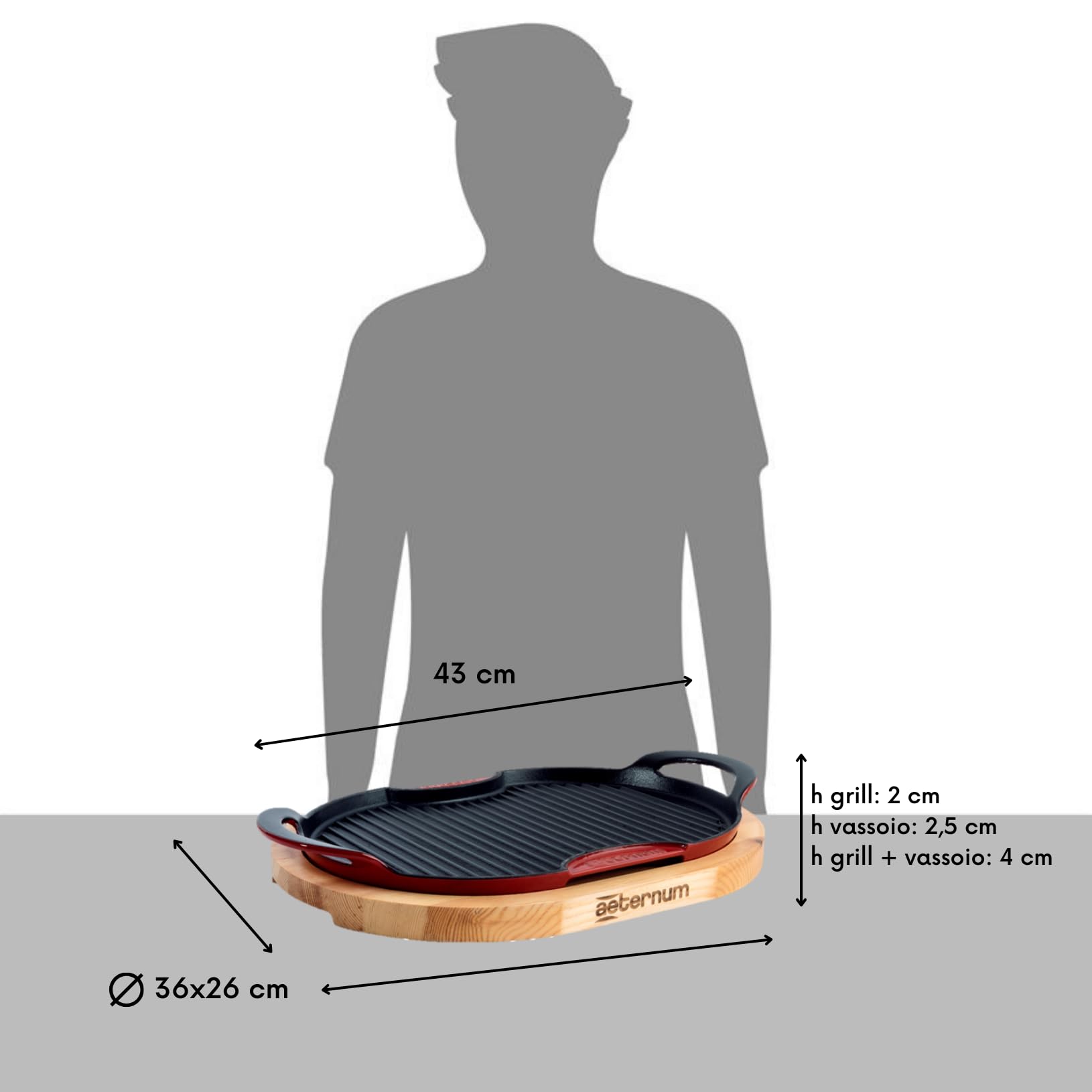 Aeternum, Ghisa Viva, Grill in Ghisa Ovale con Base in Legno, Diametro 36x26 cm, Adatto all'Induzione, Adatto al forno, Nero/Rosso, Antiaderente