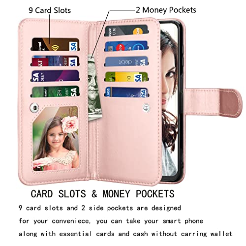 Njjex Wallet Case for Samsung Galaxy A03S, For Galaxy A03S Case, [9 Card Slots] PU Leather Credit Holder Folio Flip [Detachable] Kickstand Magnetic Phone Cover & Lanyard for Samsung A03S [Marble Pink]