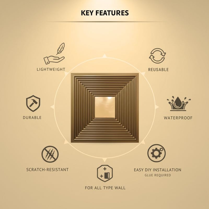 Image of Kayra Decor 3D PVC Wall Panels - Line Design, Mirror Golden Color, 19.7 inch x 19.7 inch (Pack of 12) | Covers 32.28 Sq. Ft. |