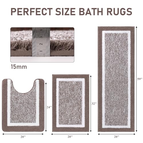 Pauwer Bathroom Rug Mat Set 3 Piece, Microfiber Shaggy Bath Set, Non-Slip Ultra Soft Carpet Mats, Absorbent with U-Shaped Toilet for Bathroom, Tub, Shower, Coffee