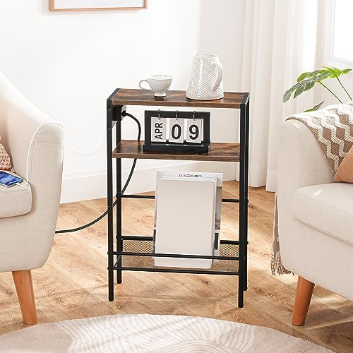 Image of HOOBRO Small Narrow Side Table with Charging Station, Skinny End Table for Small Spaces, Slim Nightstand with USB Ports Outlet, Sofa Beside Table with Storage Shelf, Rustic Brown and Black BF102UBZ01