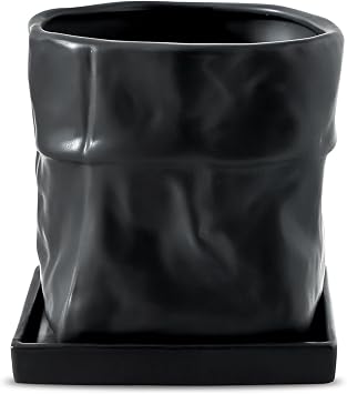 Nihow 6 Inch Ceramic Plant Pot with Drainage & Square Saucer,Black