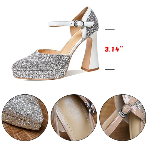 Women's Platform Glitter Leather Chunky Heel Pumps,Closed Pointed Toe Hollow Ankle Strap Comfortable Dress Shoes,for Wedding Party Pumps Shoes3