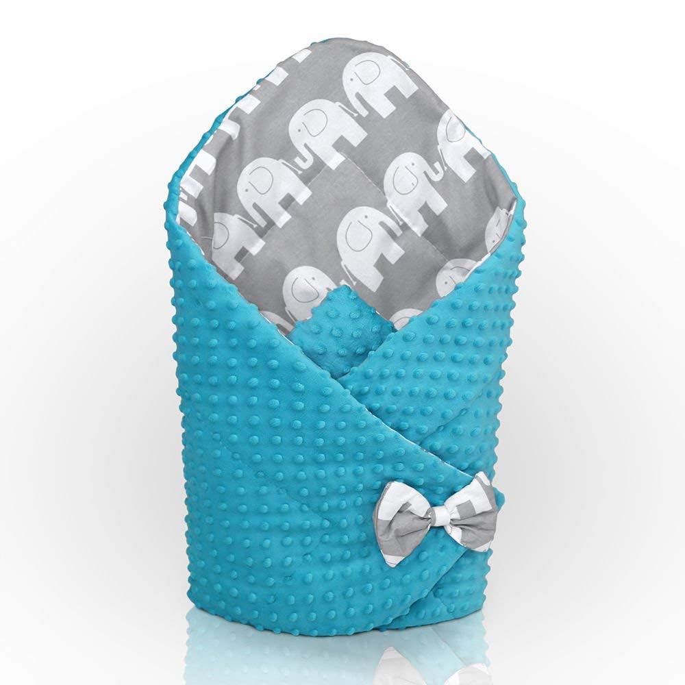 BABYMAM Baby Swaddle Wrap for Newborns Dimple Blanket Cotton Turquoise/Elephants on Grey