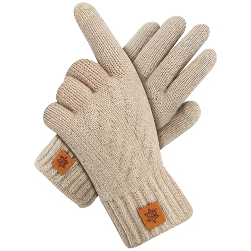 Zepphi Winterhandschuhe Damen mit Fleecefutter, Touchscreen Warme Fleece Strickhandschuhe Thermo Winter Handschuhe Herren für Outdoor Sport Laufen Radfahren Freizeit ski reithandschuhe (Beige)