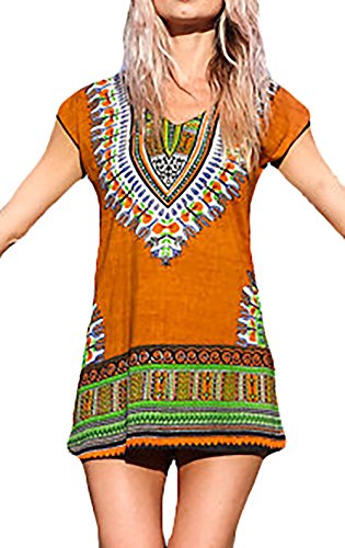 Preisvergleich Produktbild Frauen Sommer Freizeitkleid Minikleid Kurz Elegant Kurzarm V-Ausschnitt Blumendrucken Retro Loose Perfect Pin-up Taille Dünn Ethno- Casual Blusenkleider Kleid 36-42 Style (Color : Orange, Size : M)