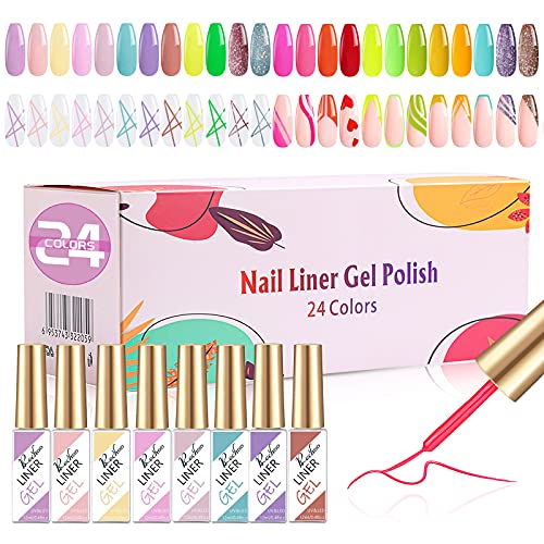Rechoo Painted Gel Nail Polish Set, 24 Colors Line Nail Polish Gel Painting Drawing UV Light LED Soak Off Nail Art Design & Nail Salon DIY Manicure Kit (24 Colors)