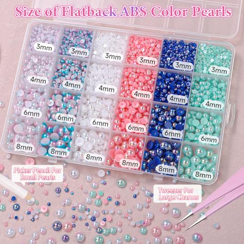 Image of 9000Pcs Flatback Pearls for Crafting, Blue Green Pink White Half Pearls Beads, 3-8mm Color Half Round ABS Flatback Pearl Beads Gems Bedazzling for Nails Art Crafts DIY Shoes Clothes