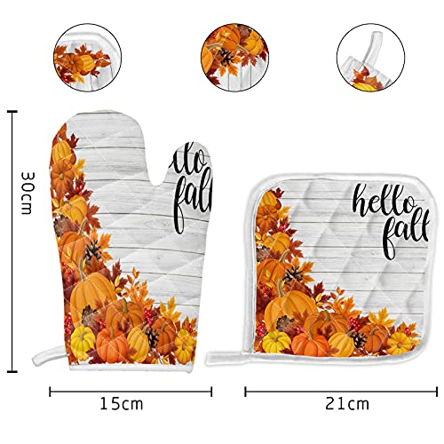 Hello Fall Oven Mitts And Pot Holder Set, Thermal Insulation Kitchen Oven Glove And Anti-Slip Potholder For Cooking, Bbq, Microwave, Grilling - Retro Farmhouse Pumpkins Leaves Wooden Grain #TOP4