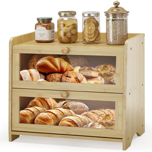 JANSNIMEN Double Layer Bread Box for Kitchen Countertop, Large Breadbox Bread Container Storage with Windows, Wooden Farmhouse Bread Holder (Natural Bamboo)