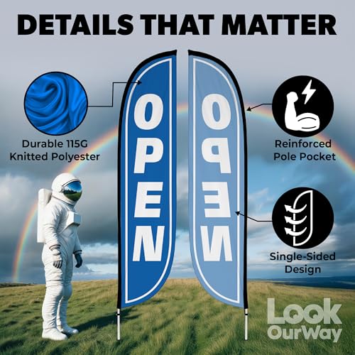 Image of LookOurWay Feather Flag Pole Kit - 12 Feet Tall Advertising Flag Banner with Fiberglass Pole Kit and Ground Spike for Business Promotion - Grand Opening Flags - Open Blue & White (10M1200105)