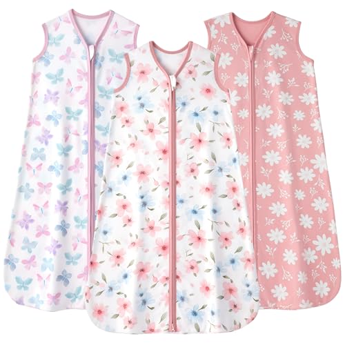Image of FIEMOL Baby Sleep Sack 6-12 months, 100% Cotton Sleeping Sack for Newborn and Infant, 3 Pack Baby Wearable Blanket, 0.5 Tog Lightweight Double Zipper Sleep Bag Medium Pink Butterfly Flower