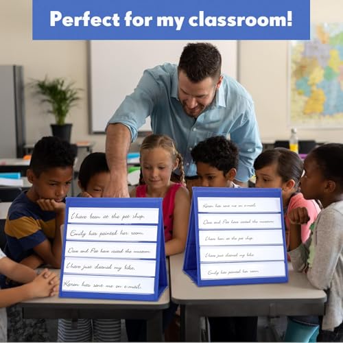 Pocket Chart, Tabletop Pocket Chart Stand Double Sided Self Standing Display with Dry Erase Cards for Classroom School Office Teacher Student Home Learning, Blue