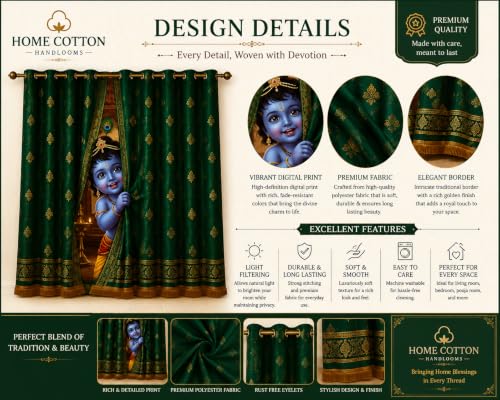 Image of Bal Krishna Green Digital Eyelet Curtain| Mandir /Home Decor 6Ft 1pc