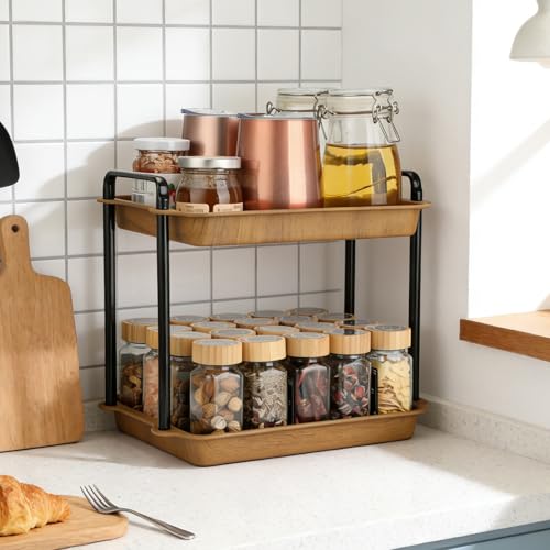 VINATO Especiero, Estante de Especias, Estantería de 2 Niveles, Organizador de Cocina de Acero al Carbono con Acabado de Madera, Barras de Soporte Reforzadas, para Encimera, Cocina, Baño, Oficina
