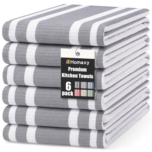 Homaxy Premium Kitchen Towels 18”x 28”, Large Cotton 380 GSM Kitchen Hand Towels, Stripe and Terry Dish Towel, Highly Absorbent Tea Towel Set with Hanging Loop, 6 Pack, Grey