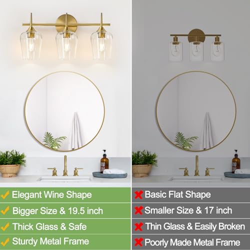Image of MOKATNG 3-Light Bathroom Light Fixtures, 19.5 Inch Brushed Gold Vanity Lights with Wine-Glass Shape, Bathroom Lights Over Mirror, Modern Wall Lamps for Bedroom Living Room Hallway