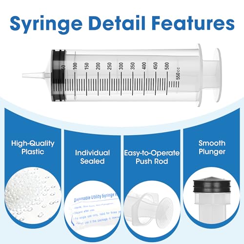 Image of 500mL Plastic Syringe for Liquid - Large Syringes with Adapter for Scientific Labs, Feeding, Oil Filling, Individually Wrapped, 1 Pack