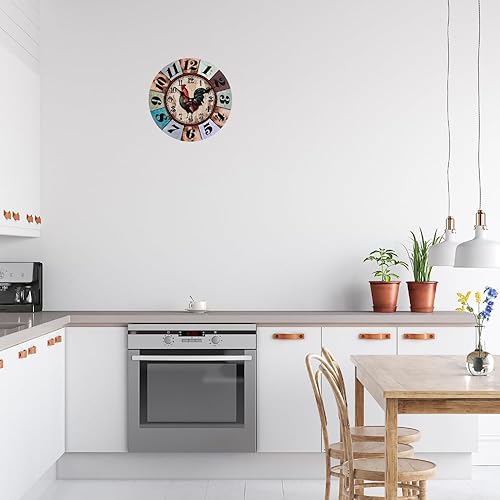 Miniatura 7 de Reloj de pared de gallo de granja de 13 pulgadas, reloj decorativo rústico para cocina, sala de estar, cafetería y decoración del hogar, reloj de