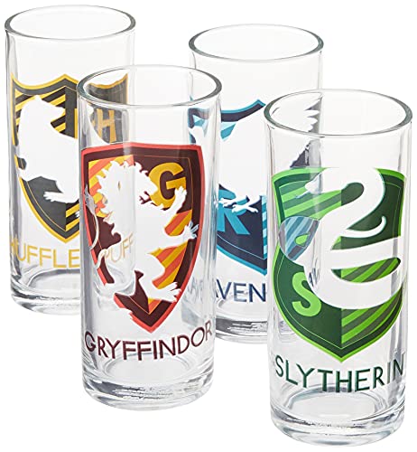 Image of Silver Buffalo Harry Potter Hogwarts House Crests Silo Stripes 4-Pack Tumbler Glass Set, 10-Ounces