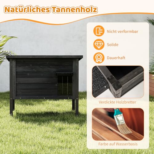 COSTWAY Katzenhaus Outdoor Winterfest, Katzenhütte für Winter, Holz, Katzenhöhle mit Schaumisolierung & Dach & PVC-Tür & Trennwand, für Außenbereich Innenbereich, 88 x 55 x 69 cm, Schwarz