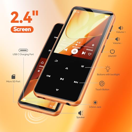 Image of AGPTEK 64GB MP3 Player with Bluetooth, M3 2.4 inch Music Player with Speaker and FM Radio, Touch Buttons, Supports Up to 128GB(Orange) | with FM Radio, Touch Buttons, Supports Up to 128GB(Orange)