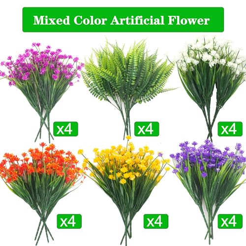 Grunyia 24 Bundles Artificial Flowers for Outdoor Decoration UV Resistant Fake Plastic Plants Faux Boston Fern Artificial Greenery for Summer Indoor Outdoor Garden Patio Window Box Kitchen Home Decor