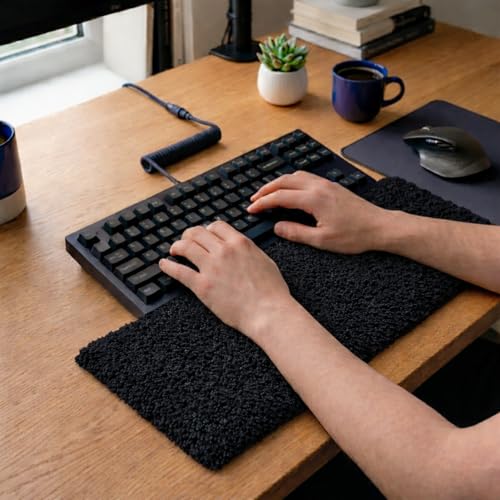 Image of Soft Plush Keyboard Carpet Wrist Rest Pad - Fluffy Ergonomic Wrist Support & Desk Nap Pillow for Computer, Laptop, Office Work & Gaming - Fuzzy Shag Desk Rug Cushion (45 x 15 cm) - Black