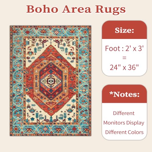 SERISSA Boho Rugs for Entryway, 2x3 Orange Entryway Rug Non-Slip Washable Small Area Rug, Ultra Soft Oriental Vintage Low-Pile Indoor Door Mat Floor Carpet for Entrance Bedroom Kitchen Bathroom