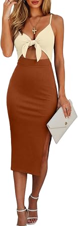 oten Womens Sexy Spaghetti Strap Tie Knot Cut Out Bodycon Sleeveless Ribbed Knit Slit Club Party Midi Dresses