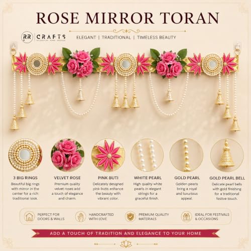 Image of Rose Door Toran|Decorative Banderwal for Main Door|Premium Beaded Wall Hanging with Elephant Motif & Pearl Latkans|Festive Home Decor for Diwali,Pooja,Wedding & Housewarming|38 Inch