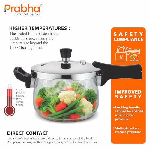 Image of Prabha Stainless Steel Pressure Cooker Outer Lid 1.5 Litre | Tri-Ply Kalash Cookers Bakelite Handle | Kitchen Cookware Pots & Pans | ISI Certified Fast & Safe Healthy Cooking | Gas & Induction