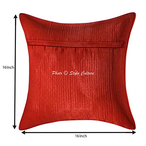 Image of Decorative Brocade Cushion Covers 16 Inch x 16 Inch Banarasi Jacquard Red & Gold Living Room Decor Peacock Traditional Square 40x40 cm Zippered Sofa Settee Pillowcases -Set of 5 Pcs