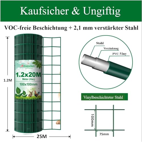 Amagabeli 1.2M X 25M Gartenzaun Zaun PVC-beschichteter Rostfrei 75 x 100mm 2.1 mm Drahtzaun Maschendraht Hundezaun Zaunelemente Grünen Drahtgitter Kaninchendraht Metal Forstzaun