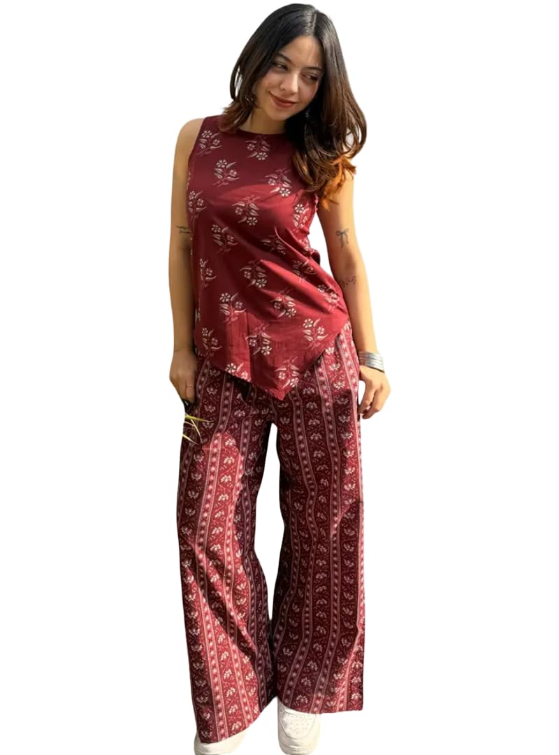 eliindra Women’s Rayon Printed Co-Ord Set Sleeveless Top & Wide Leg Pants | Indo Western Matching Set | Summer Outfit Women Casual Stylish Coord Set Vacation Wear-picture-37