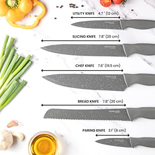 Nuovva Professional Kitchen Knife Set – 5Pcs Grey Kitchen Knives – Stainless Steel Granite Non Stick Blades – Chefs, Filleting, Bread, Paring And Utility Knives #TOP1
