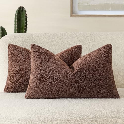 Image of Foindtower Pack of 2, Curly Faux Fur Decorative Throw Pillow Covers Soft Fuzzy Plush Cushion Case with Zipper Cozy Pillowcase for Home Living Room Couch Bed Sofa 12 x 20 Inch,Red Brown