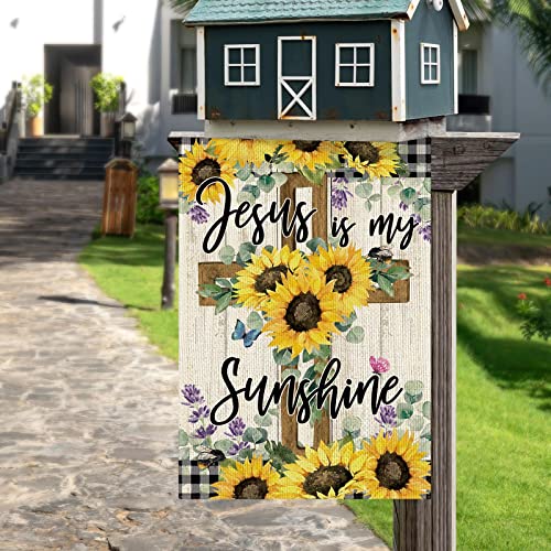 Dlzdn SF007 Jesus Is My Sunshine Garden Flag Summer Sunflower Garden Flag 12X18 Inch Double Sided Burlap Jesus Christ Cross Yard Flag For Outside Farmhouse Seasonal Holiday Outdoor Decoration thumb #3