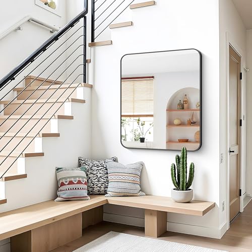 Image of Bathroom Mirror, 36 x 30 inch Metal Framed Black Rectangle Mirror, Rounded Corner Rectangular Vanity Mirror, Wall Mounted Mirror for Modern Bedroom Living Room Hangs Horizontal or Vertical