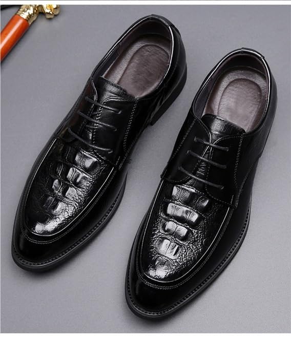 Dress Oxford Shoes for Men Lace Up Round Toe Leather Crocodile Print Apron Toe Derby Shoes Non Slip Anti-Slip Slip Resistant Low Top Block Heel(9.5)4