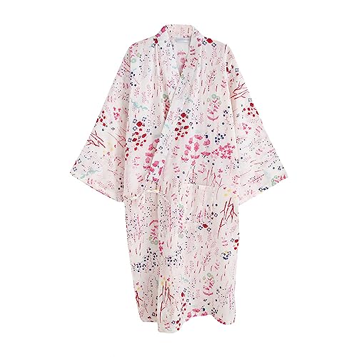 G-LIKE Japanischer Kimono Nachthemd Bademantel – Traditioneller Haori Yukata Stil 100% Baumwolle Frühling Sommer Hauskleid Saunamantel Leicht Dünn Nachtwäsche für Damen Herren (Weiß-Damen, L)