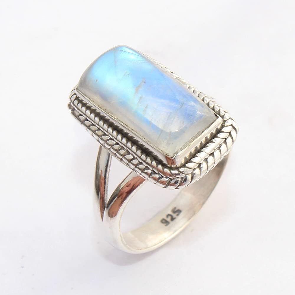 Solid 925 Sterling Silver Ring For Women, Moonstone Ring, Silver Statement Ring, June Birthstone, Bezel Set Rectangle White Gemstone Hypoallergenic Art Deco Ring Christmas Gift