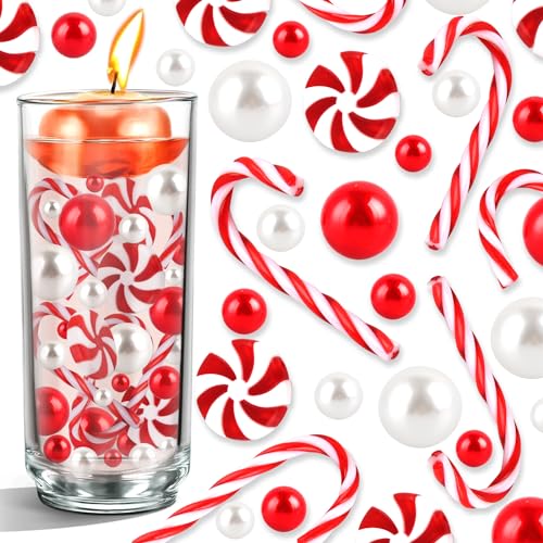 EKKONG 106 Perle Natalizie per Riempire Vasi, Perline Galleggianti Rosse e Bianche, Perline di Riempimento Vasi e Decorazione di Natale (Rosso-Bianco)
