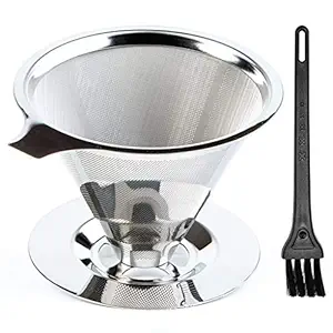 HASTHIP Pour Over Coffee Dripper-Stainless Steel Reusable Drip Cone Coffee Filter-Paperless Metal Fine Mesh Strainer Coffee Brewer-Coffee Maker 1-6 Cup With Non-slip Cup Stand and Cleaning Brush
