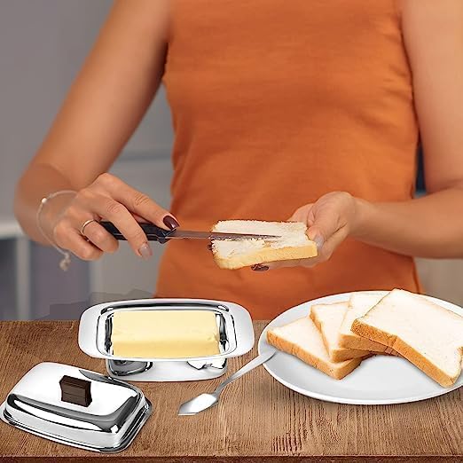 Image of Kanshita's Rasoiware Stainless Steel Butter Box with Lid & Knife (100g, 16 x 11 x 5.5 cm) | Butter Storage Container for Fridge & Dining Table | Rust-Resistant Mirror Finish Butter Dish