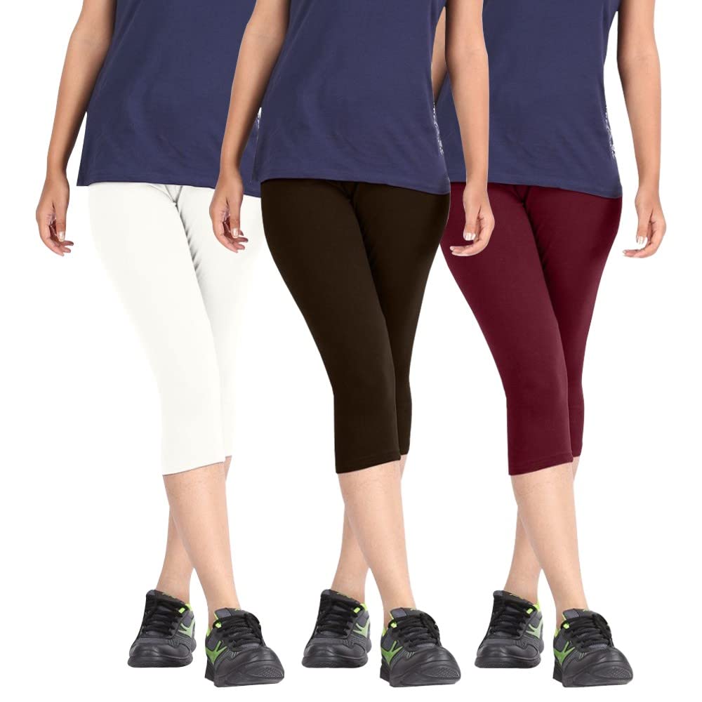 Biowashed Cotton Stretchable Capri Legging Combo Pack of 3 for Women/Girls/Ladies (White, Dark Brown, Maroon) - Free Size-picture-39